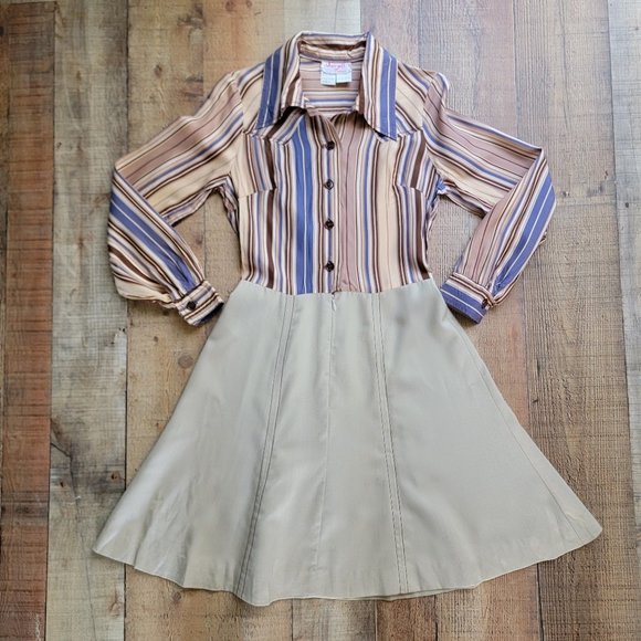 Vintage Jerell of Texas Long Sleeve Lavender and Brown Mini Dress - Picture 1 of 16